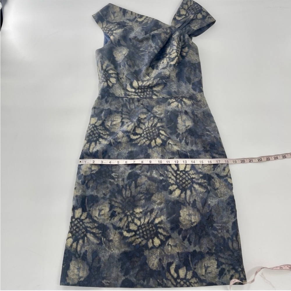 Teri Jon by Rickie Freeman Metallic Navy Blue and Gold Floral Sleeveless Dress 4
